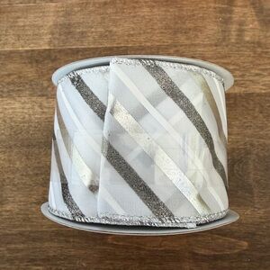 White Ribbon with Silver and Gold Diagonal Stripes